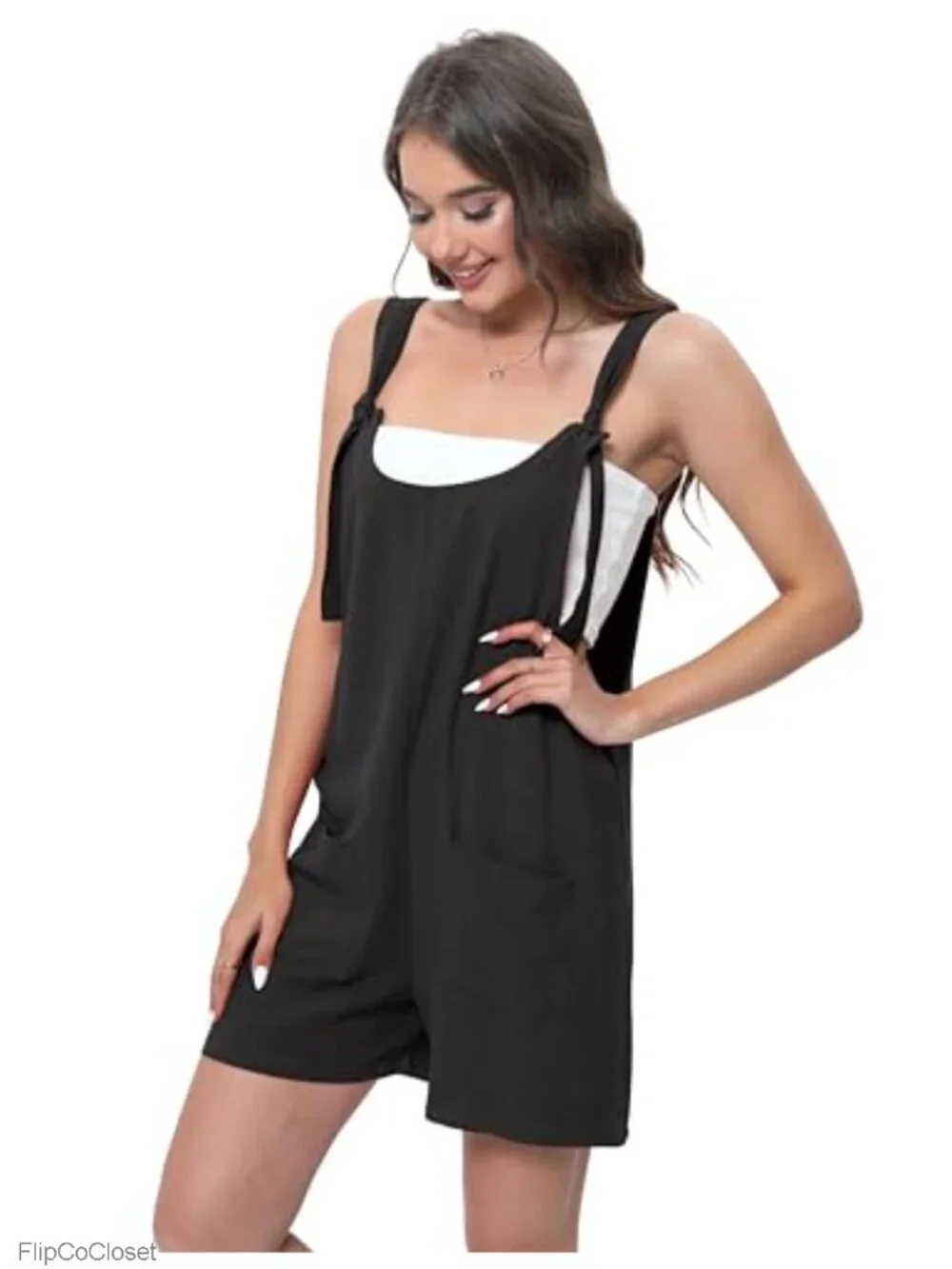 Linen Blend Wide Leg Shorts Jumpsuit Romper with Pockets Adjustable Straps